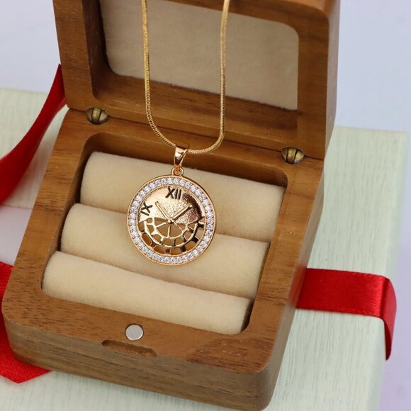 "Rose Gold Clock Face Pendant with Roman Numerals and Iced Border, XPPT1406 - Picture 8 of 12